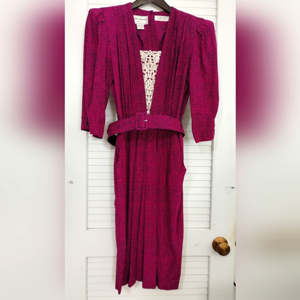 Vintage 80's Karin Stevens Magenta And Black Belted, V Neck W Lace Midi Dress.